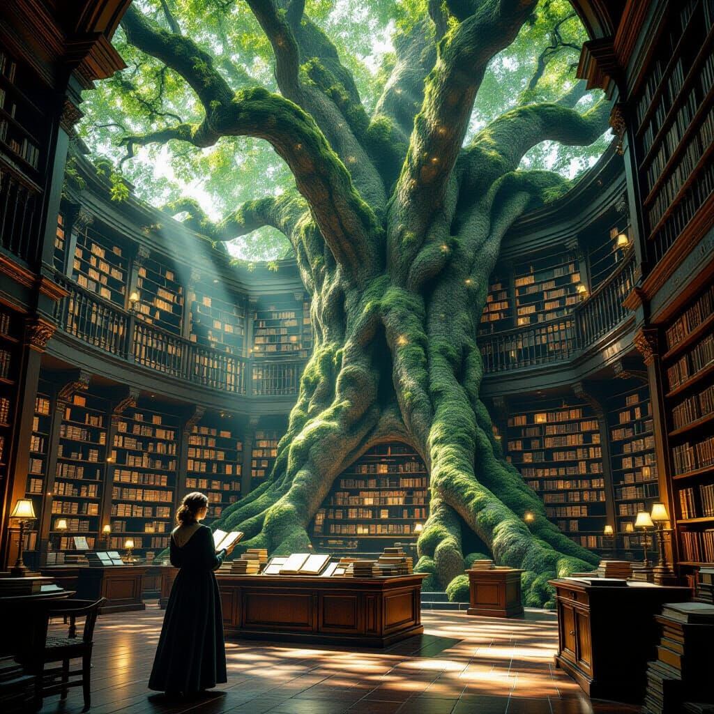Librarian in Ancient Tree Library, Cinematic Style