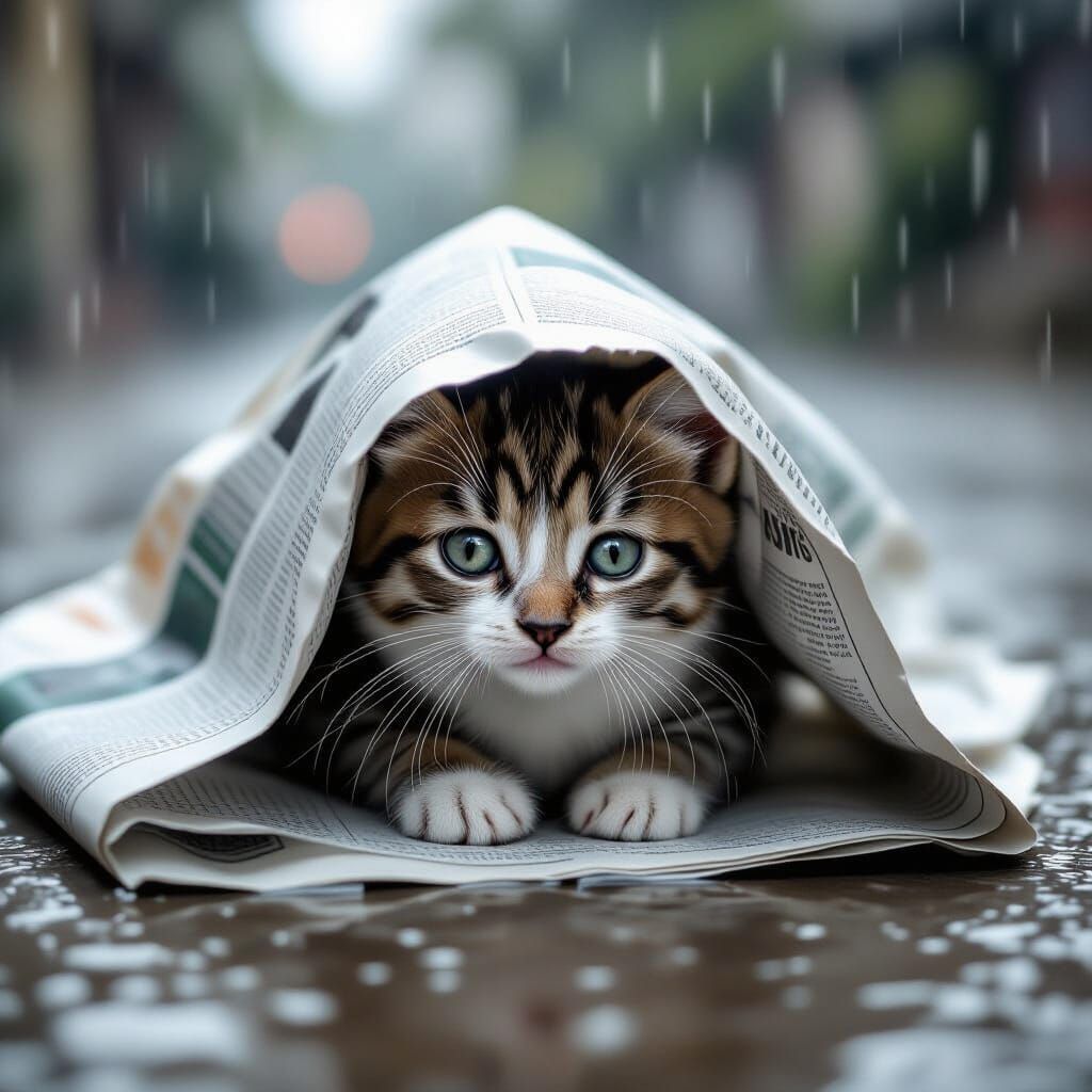 Sad Kitten Seeks Shelter from Rain