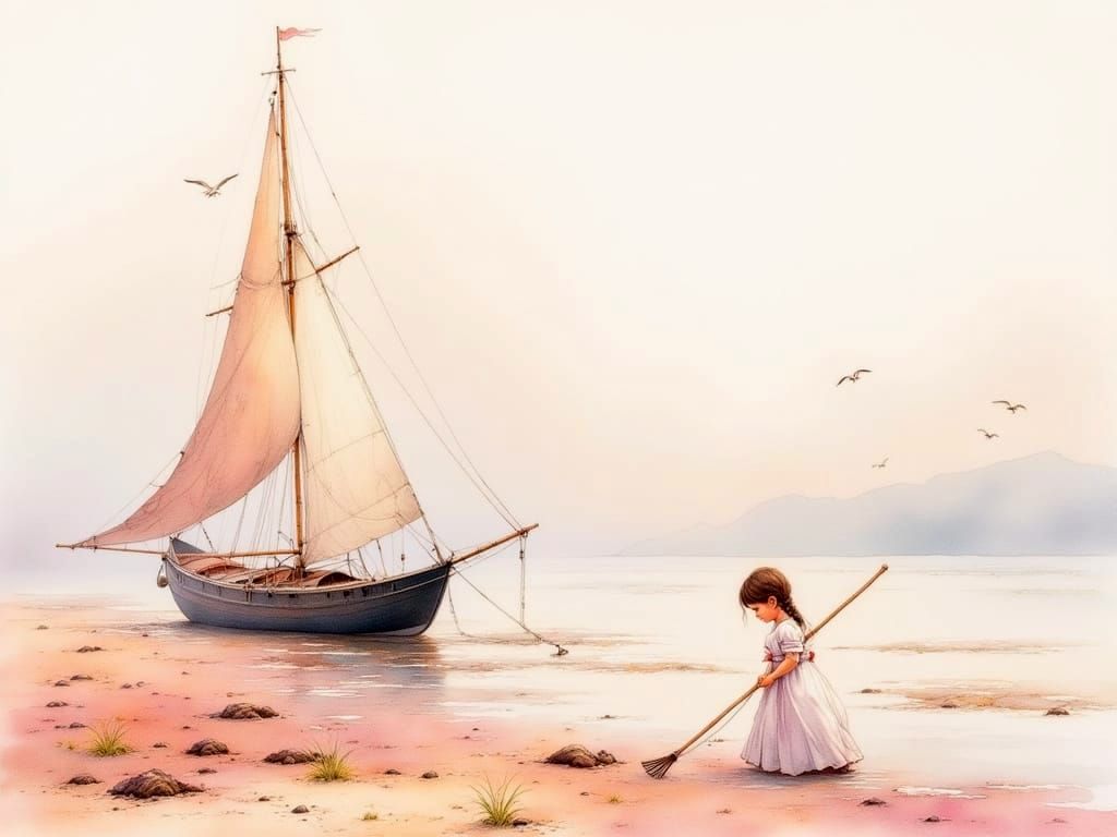 A Dreamy Coastal Scene in Soft Aquarelle Style