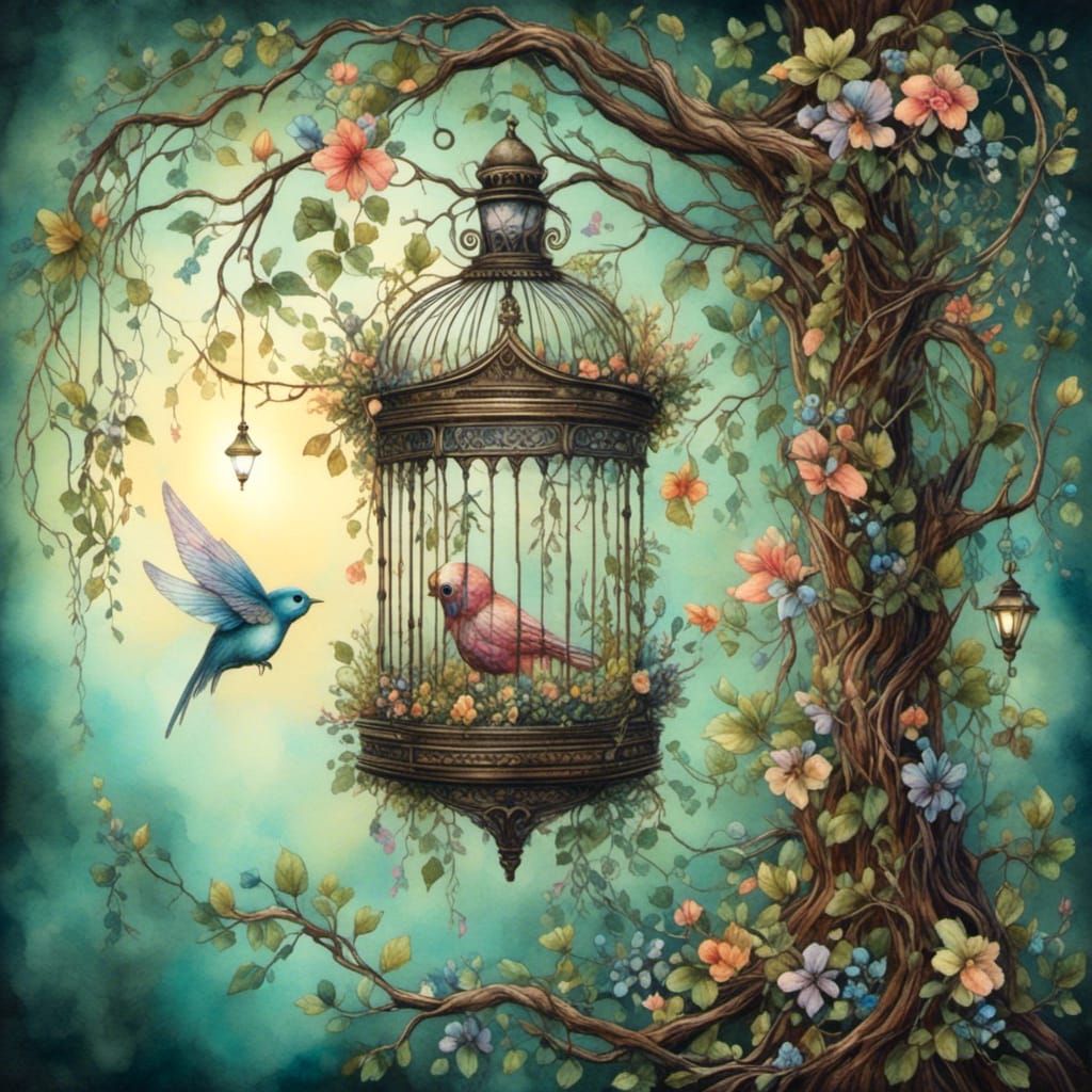 Antique Birdcage with Fairy in Magical Forest