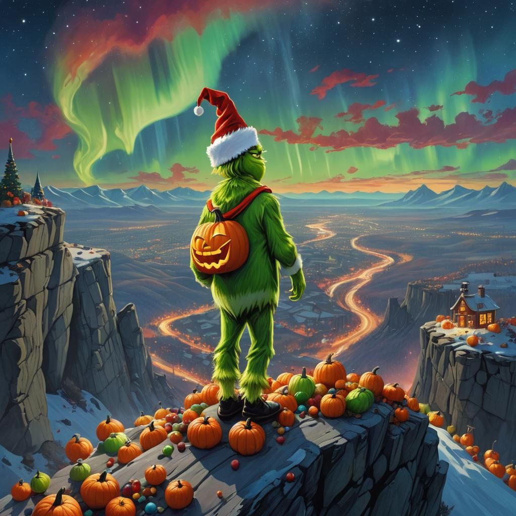 Surreal Grinch on Cliff with Pumpkins and Northern Lights