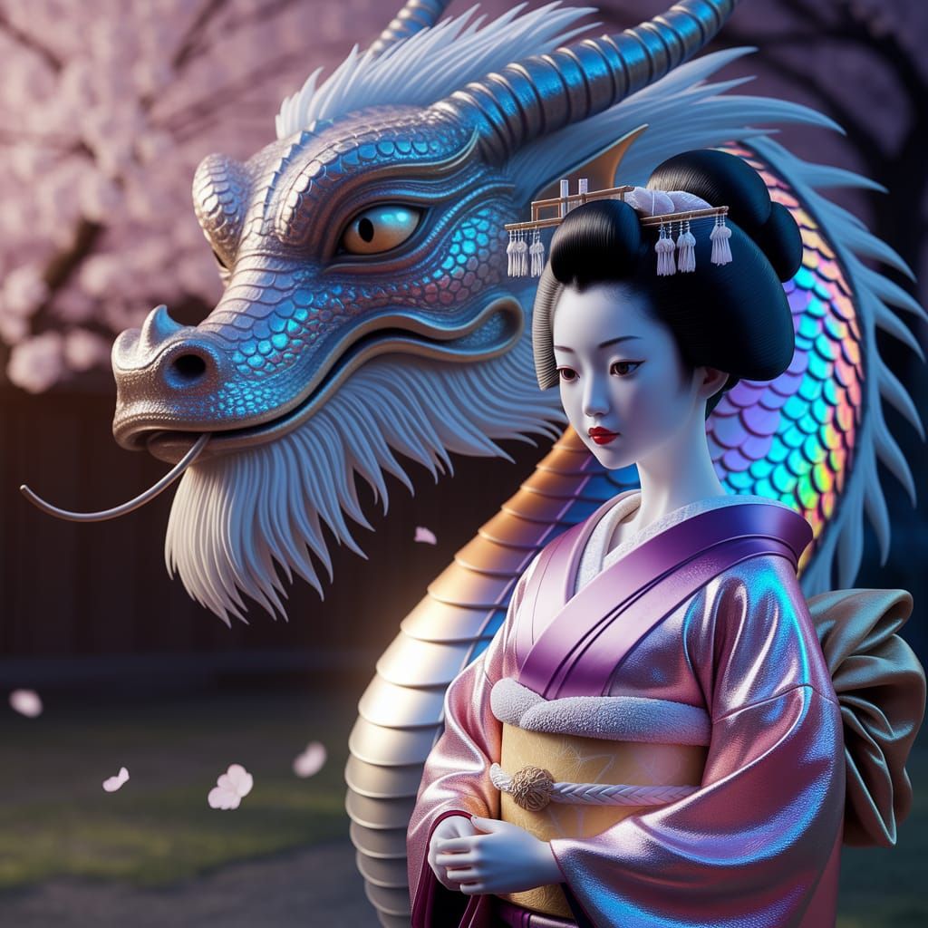 Geisha Girl with Japanese Dragon in Whimsical Cherry Blossom...