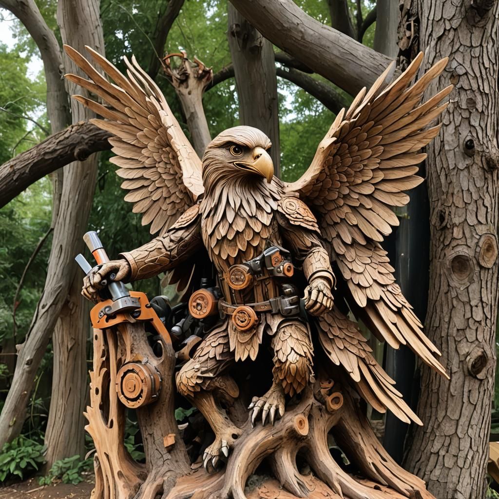Eagle Sculpture Carved From Tree With Chainsaw