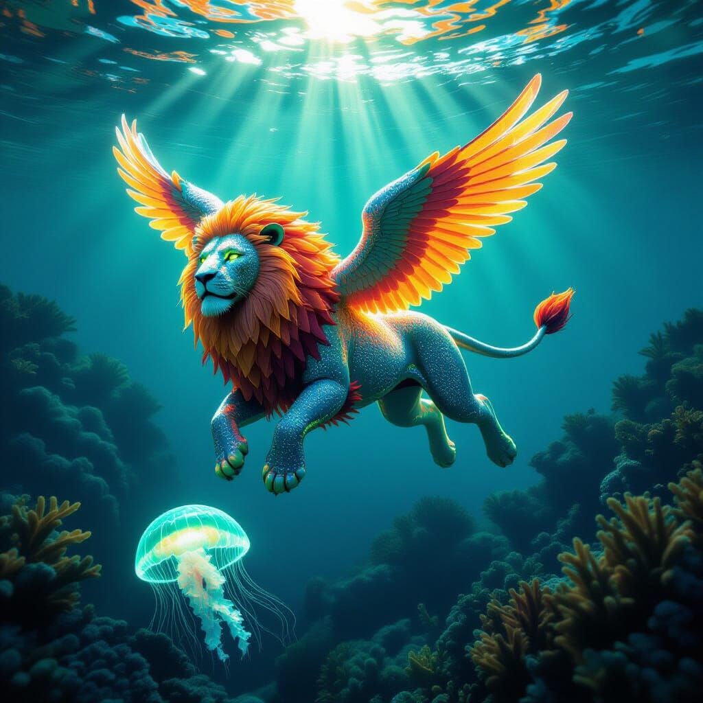 Neon Lion Soaring Above Kelp Forest