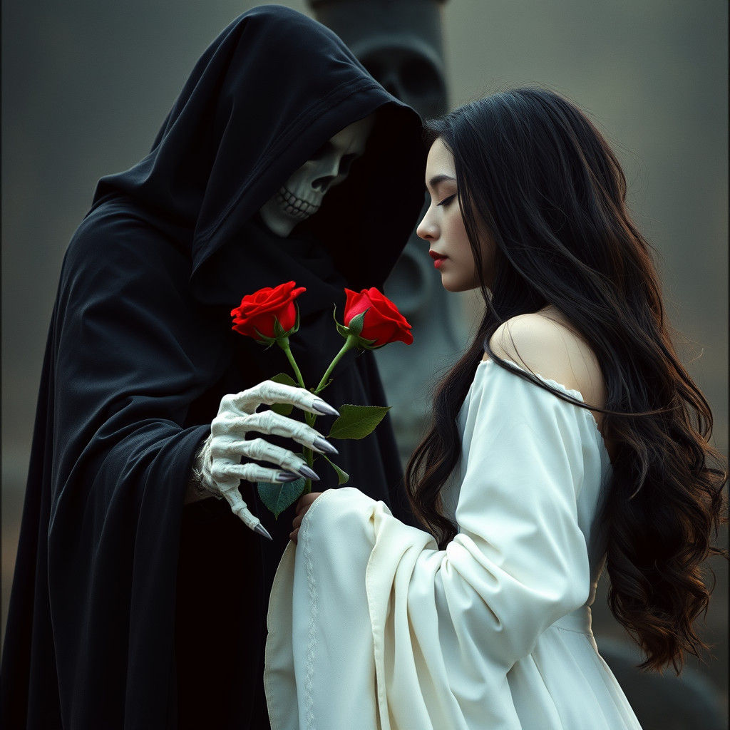 Grim Reaper Offers Rose to Woman: Cinematic Still