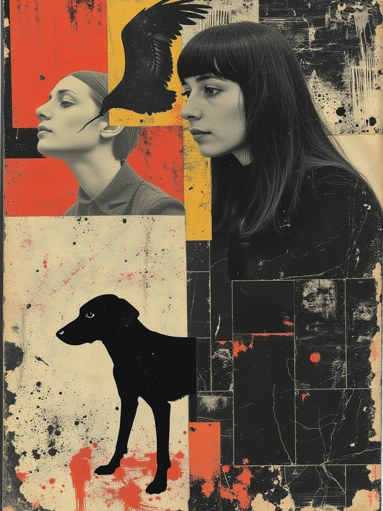 Cubist Surrealism: Fragmented Woman and Dog in Vibrant Abstr...