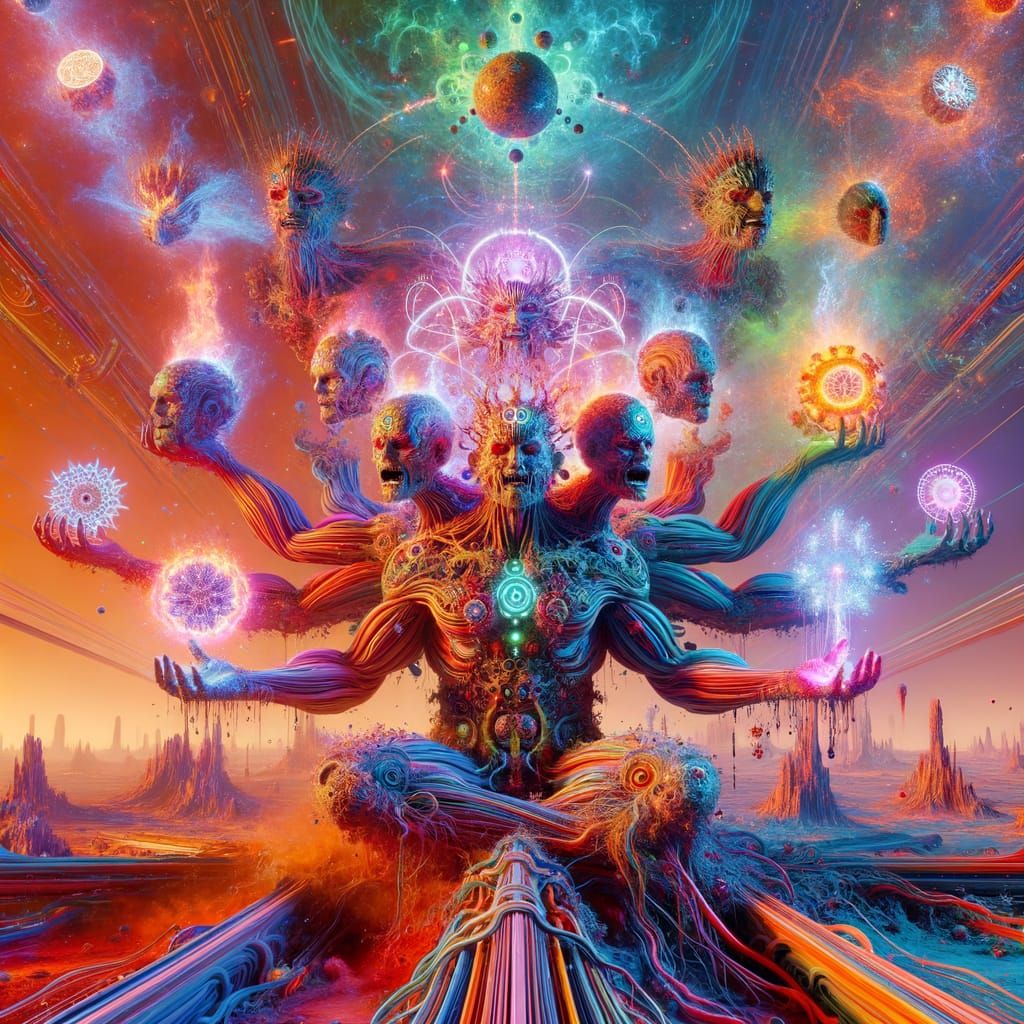 Ethereal Multicolored Alien Landscape with Eight-Headed Huma...