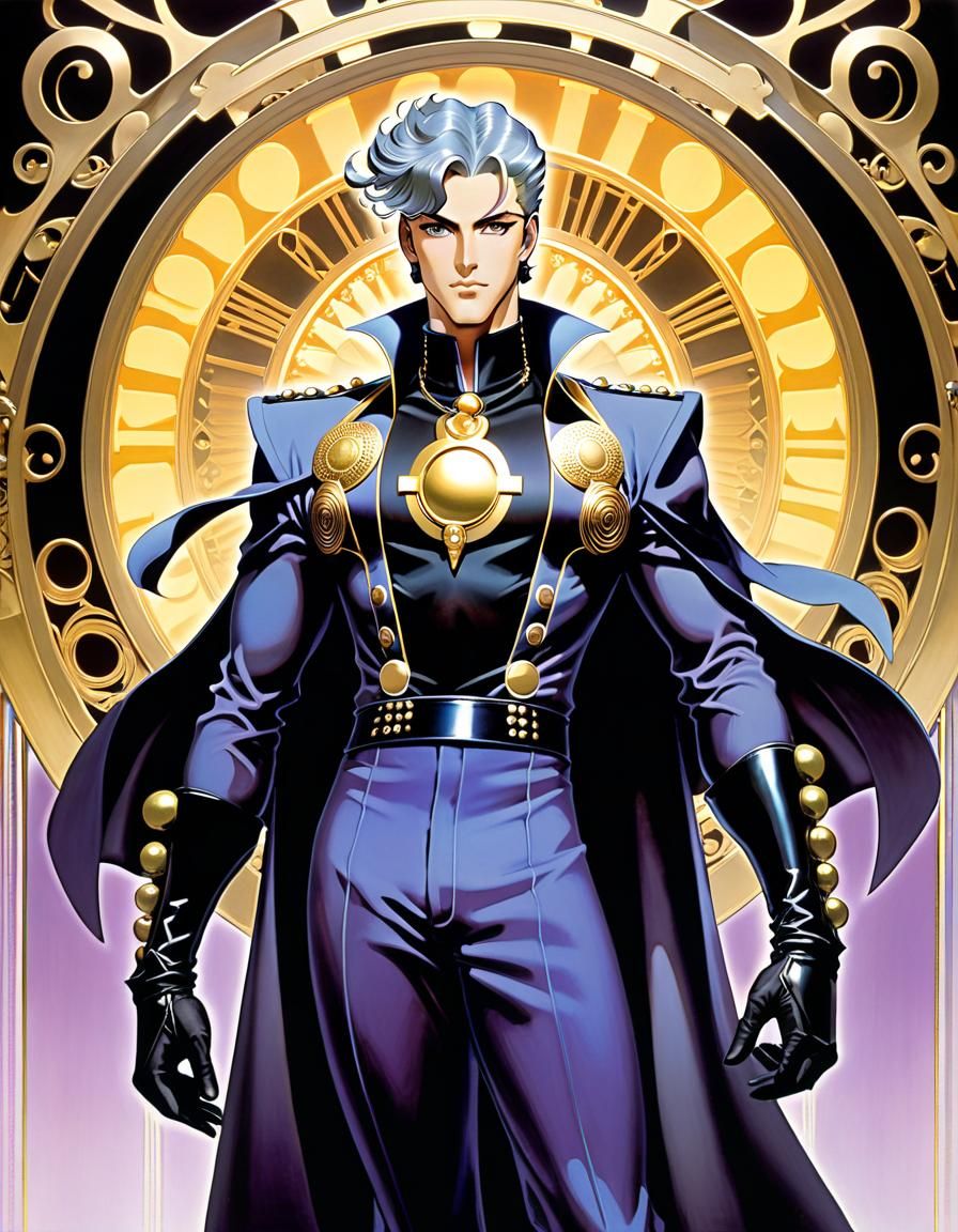 JoJos bizarre adventure character by Alphonse Mucha, Maxfield Parrish, HR Giger