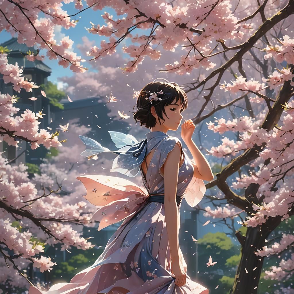 Fairy Lands on Sakura Blossom in Anime Style