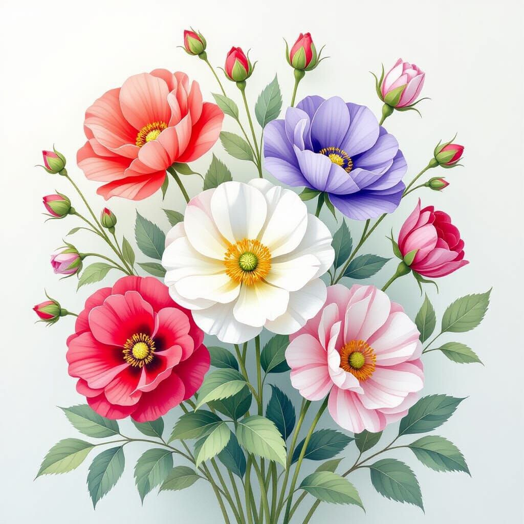 Vibrant Watercolor Flowers with Delicate Ink Outlines