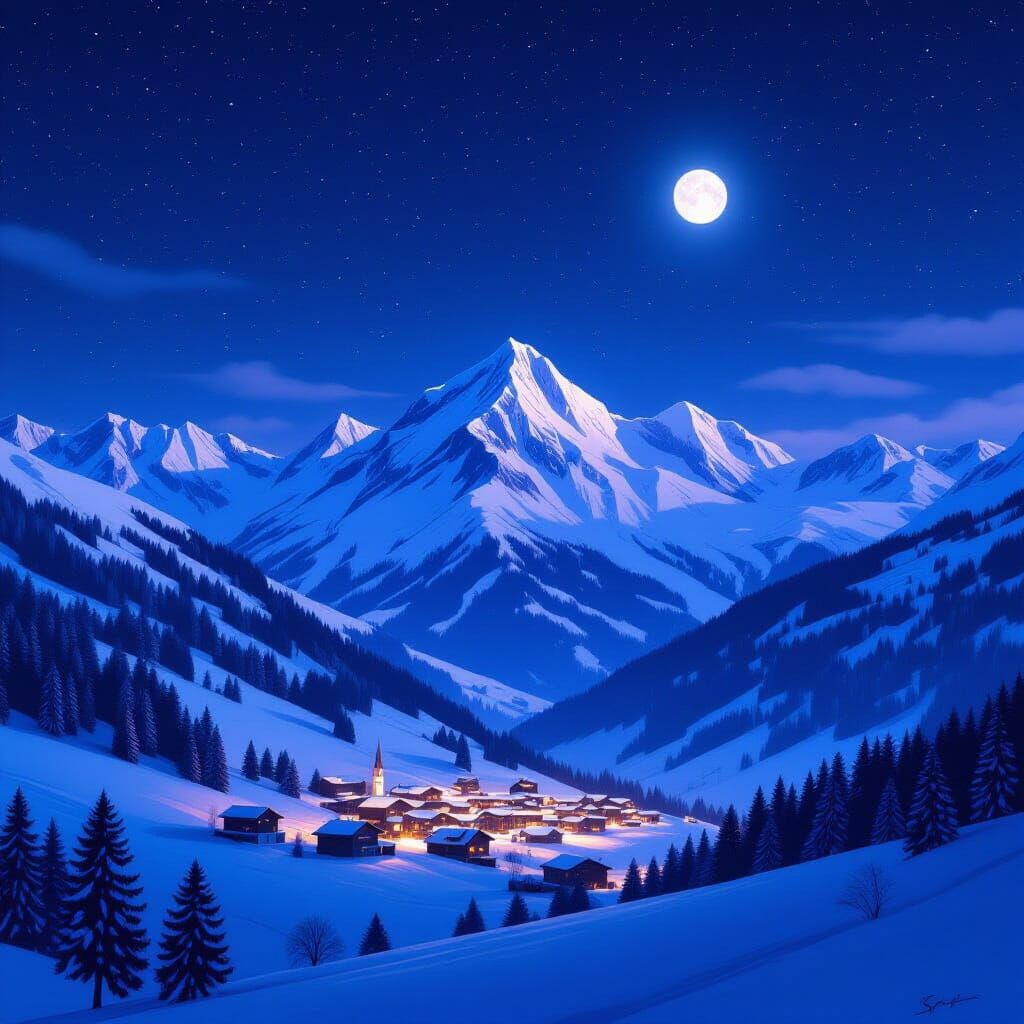 Snow-Capped Alps Under Starry Night Sky