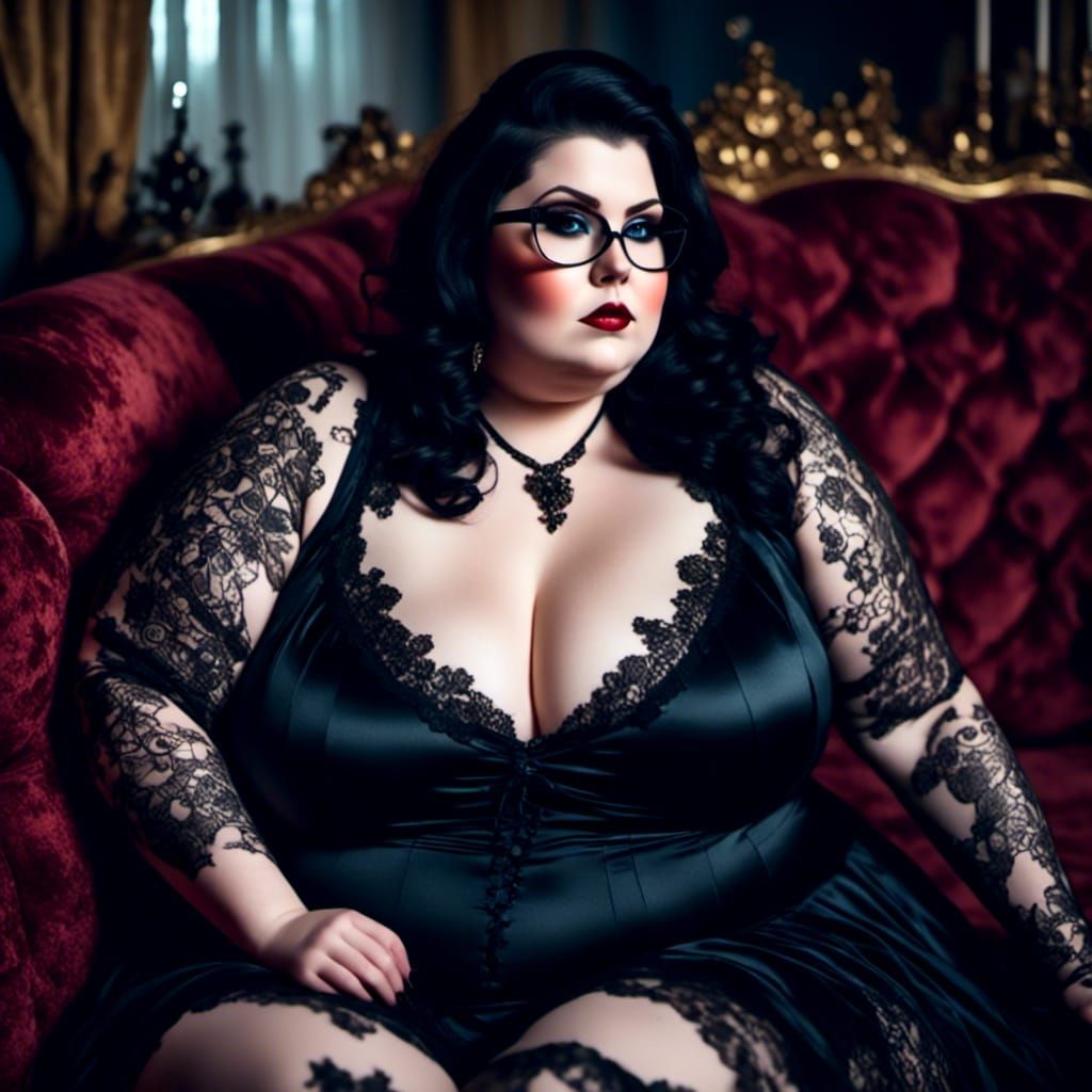 Curvy Gothic Woman in Satin Nightdress