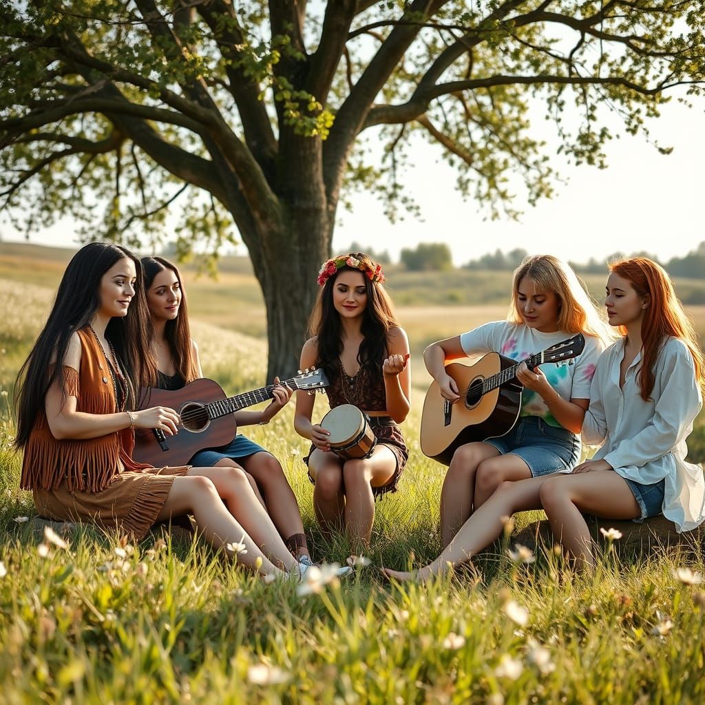 Women Playing Music in a Summer Meadow, Woodstock Style