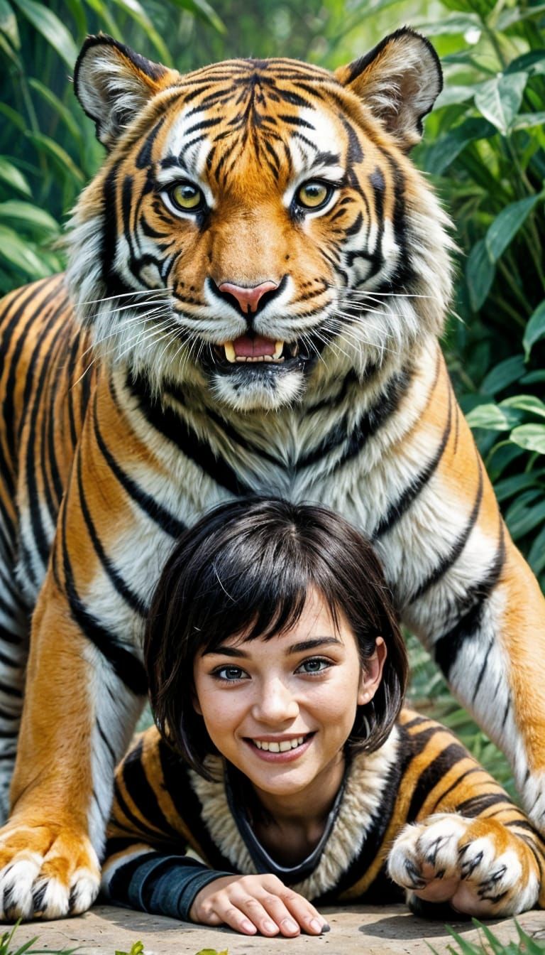 Surreal Tiger Hug: A Playful, Affectionate Encounter