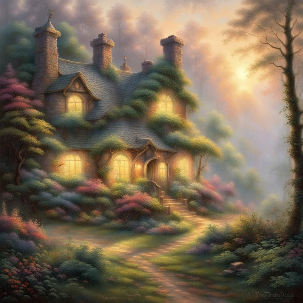 Ethereal Forest Cottage at Sunrise in Kinkade Style