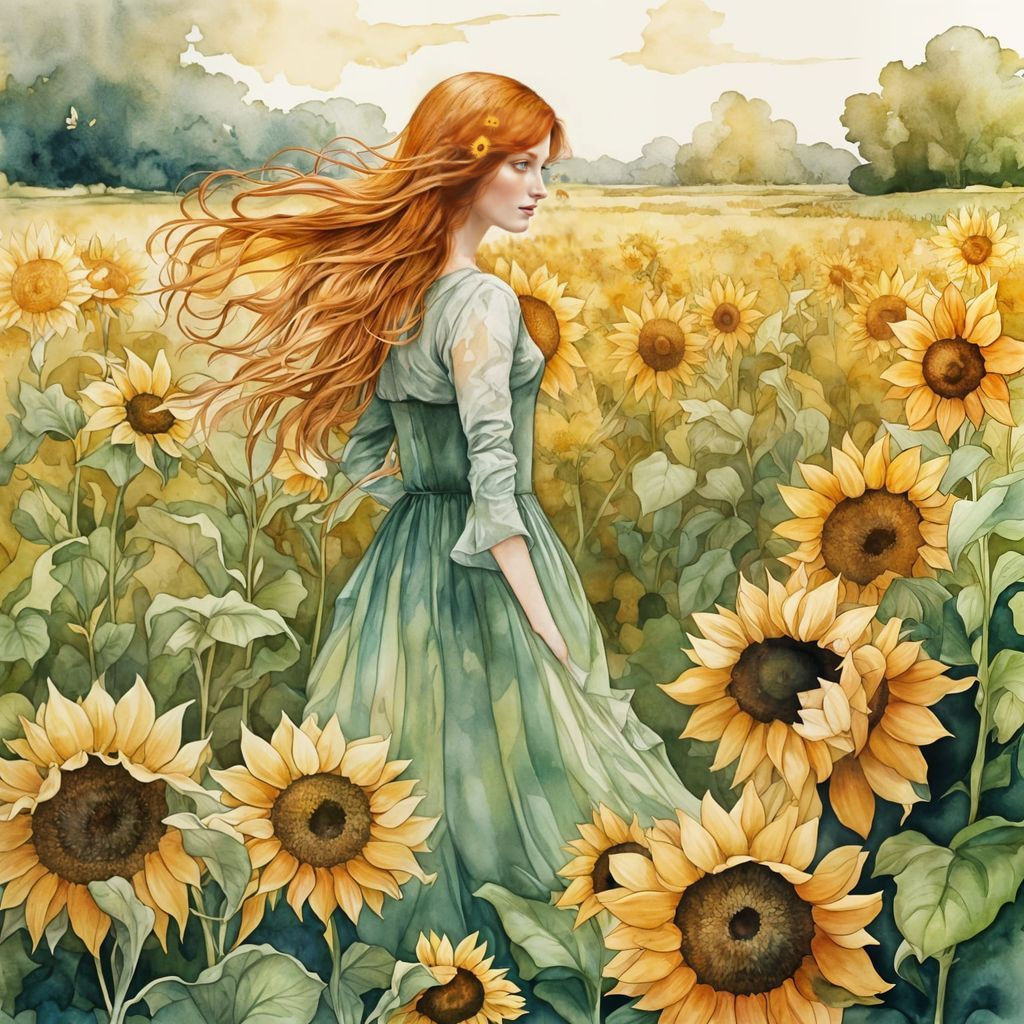 Redhead in Sunflower Field as Watercolor Fantasy
