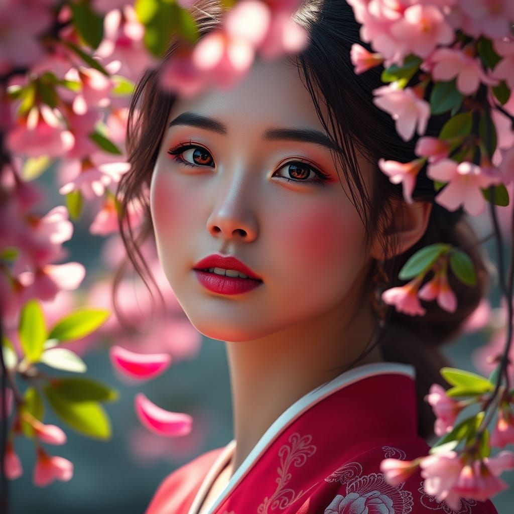 Vibrant Spring Goddess in Cherry Blossom Paradise