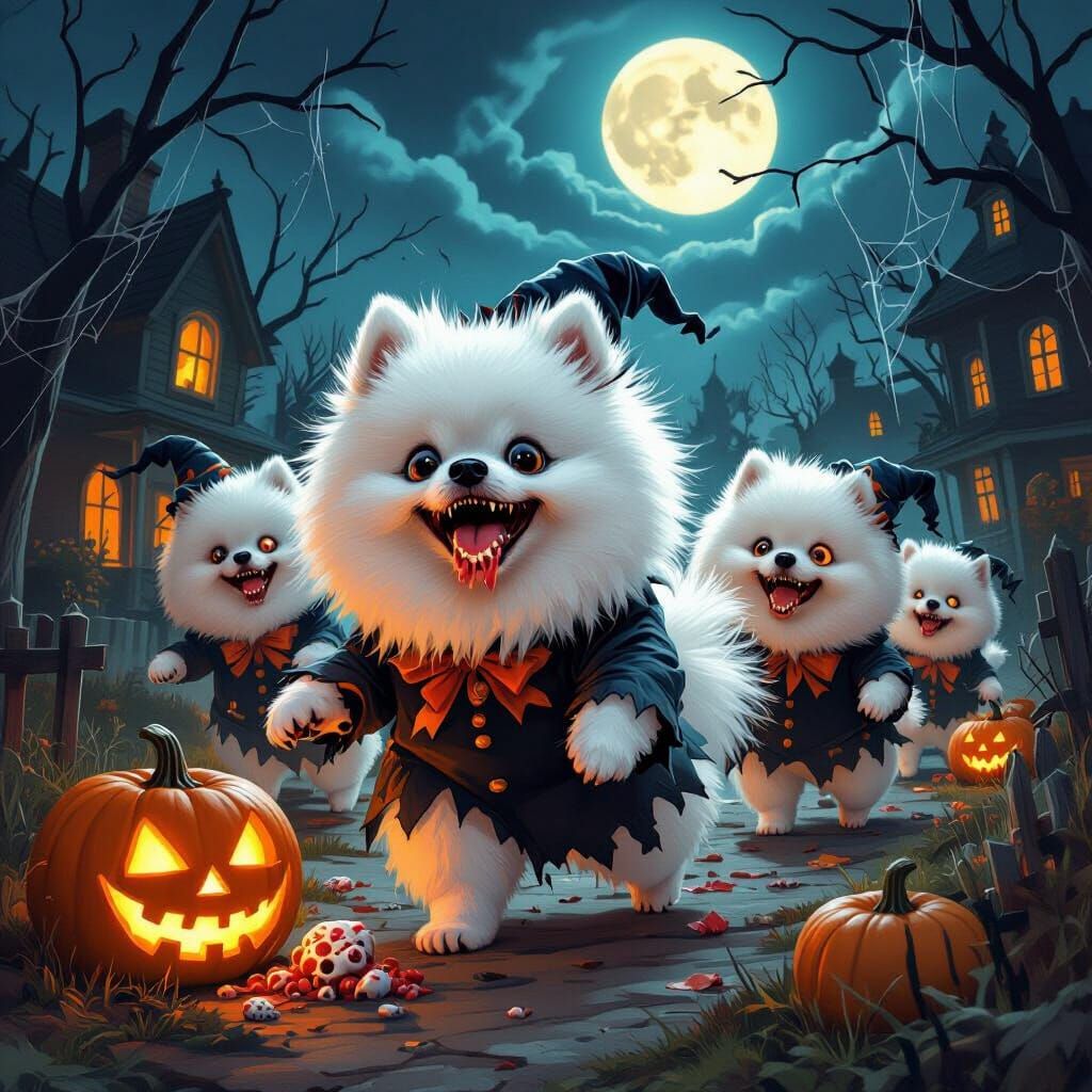 Zombie Pomeranians Trick-or-Treating in Spooky Halloween Sce...