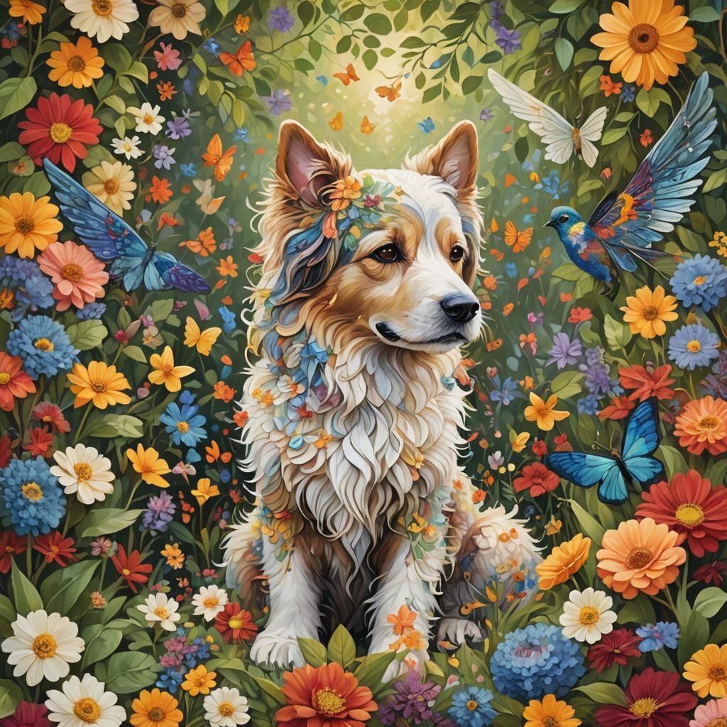Dog with Wings in a Garden of Colorful Flowers