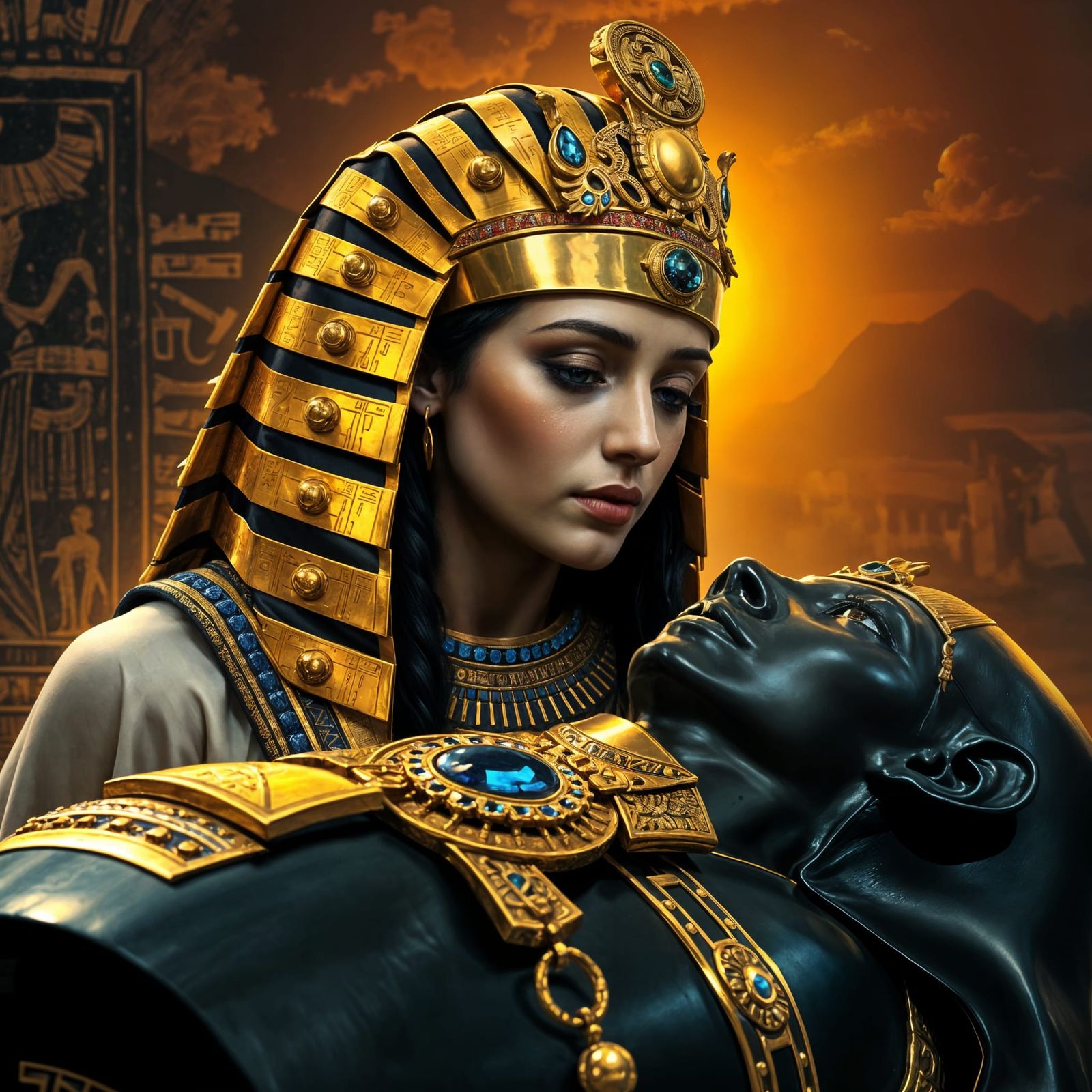 Egyptian Goddess Isis Mourns Her Husband Osiris in Hyperreal...