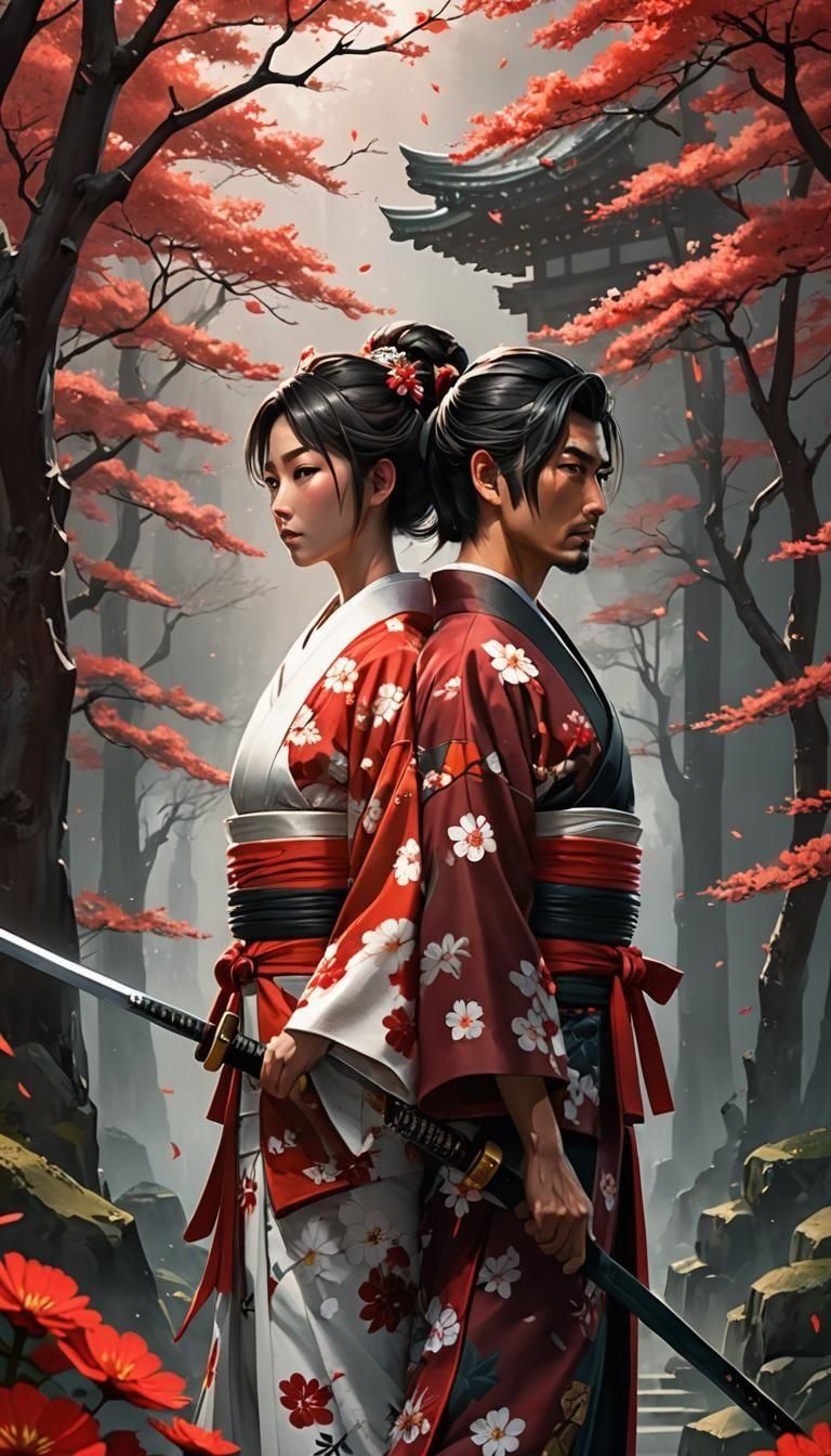 Samurai and Kimono in Traditional Japanese Scene