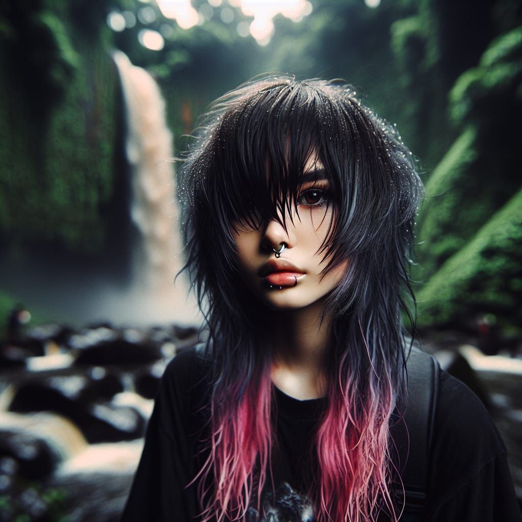 Ethereal Emo Scene Woman in Lush Waterfall Setting