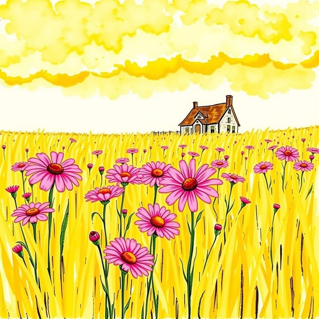 Vibrant Victorian Cottage Amidst Pink Daisies in a Whimsical...
