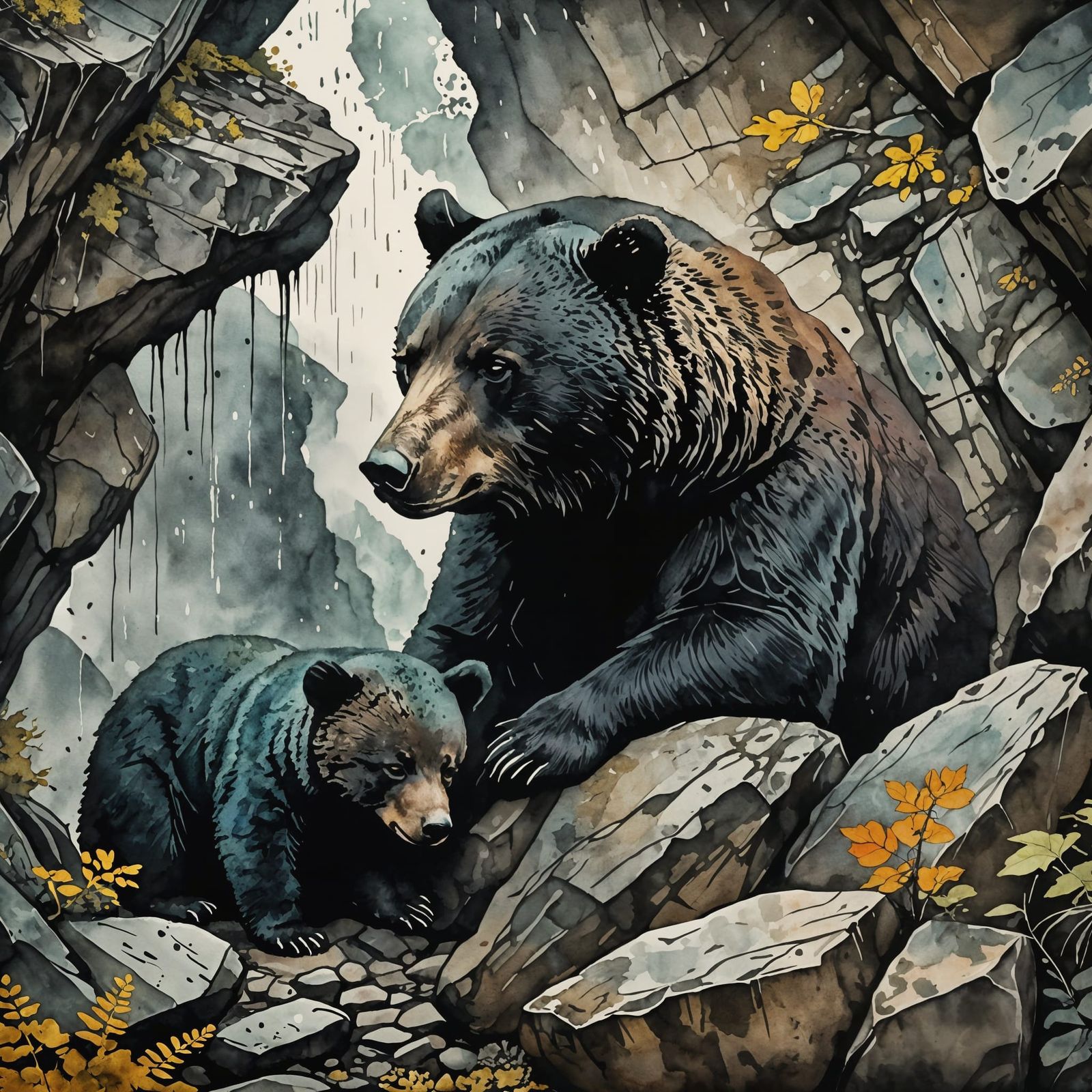 Baby Bears Cuddle in Rainy Silhouette