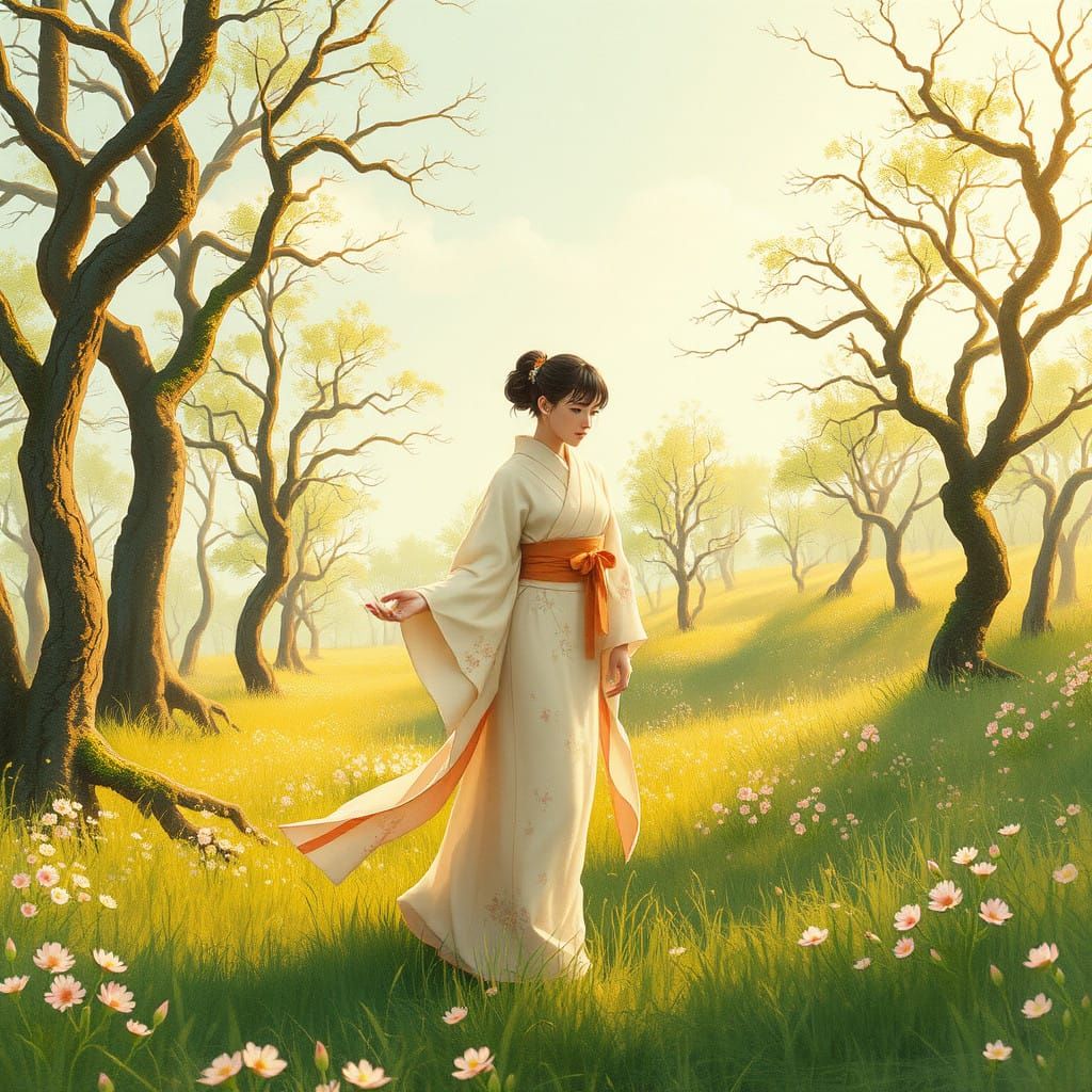 Idyllic Woman in a Whimsical Meadow Scene, in Watercolor Sty...