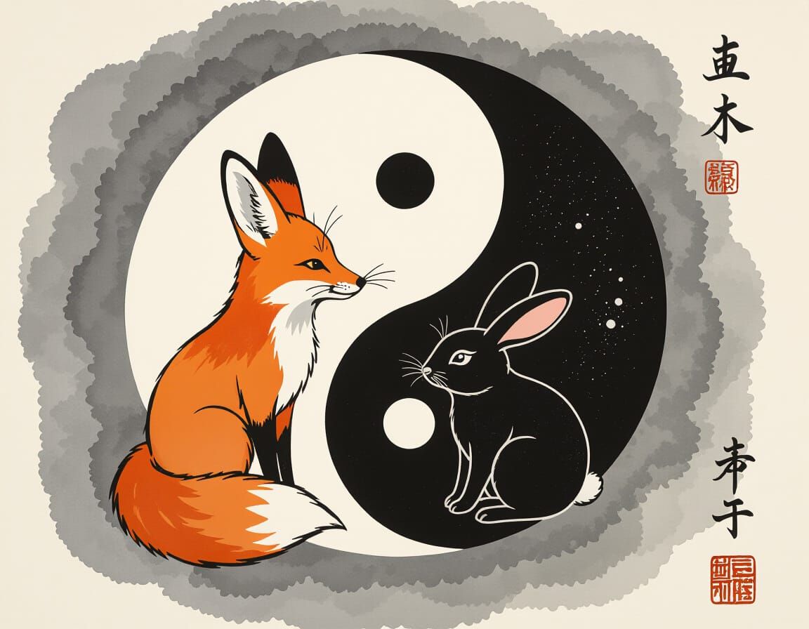 Fox and Rabbit Yin-Yang Symbol in Black and White