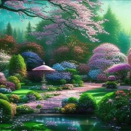 Magical ethereal Garden with Cherry blossom trees& a beautiful lake in the background& Beautiful flowers everywhere& lot...