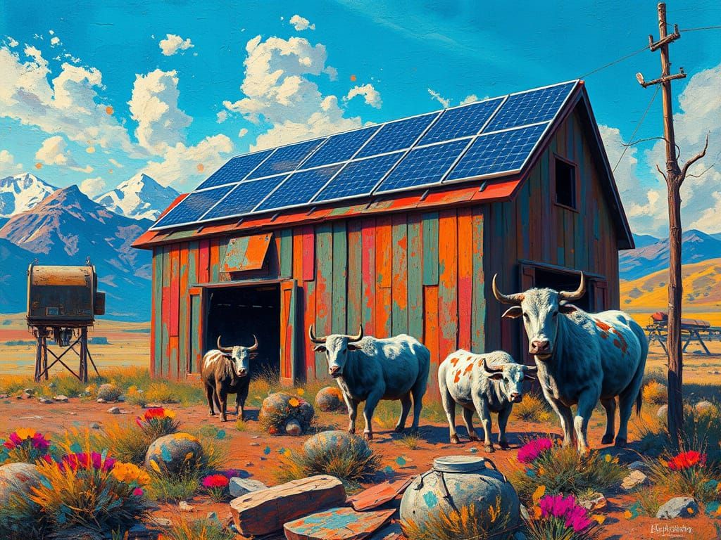 Rustic Futuristic Barnscape in Vibrant, Textured Abstraction