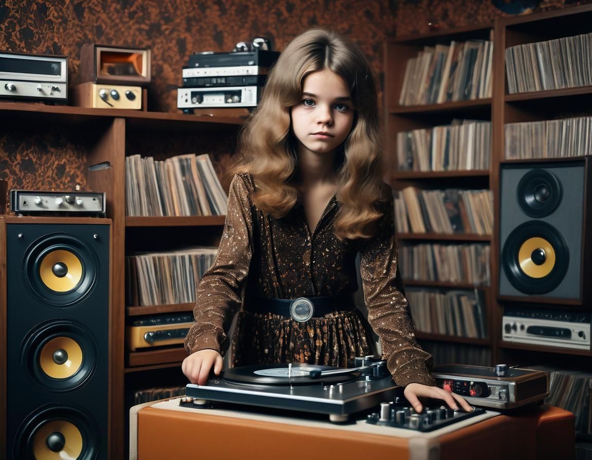 1970s Girl with Vintage Turntable: Cinematic Film Still
