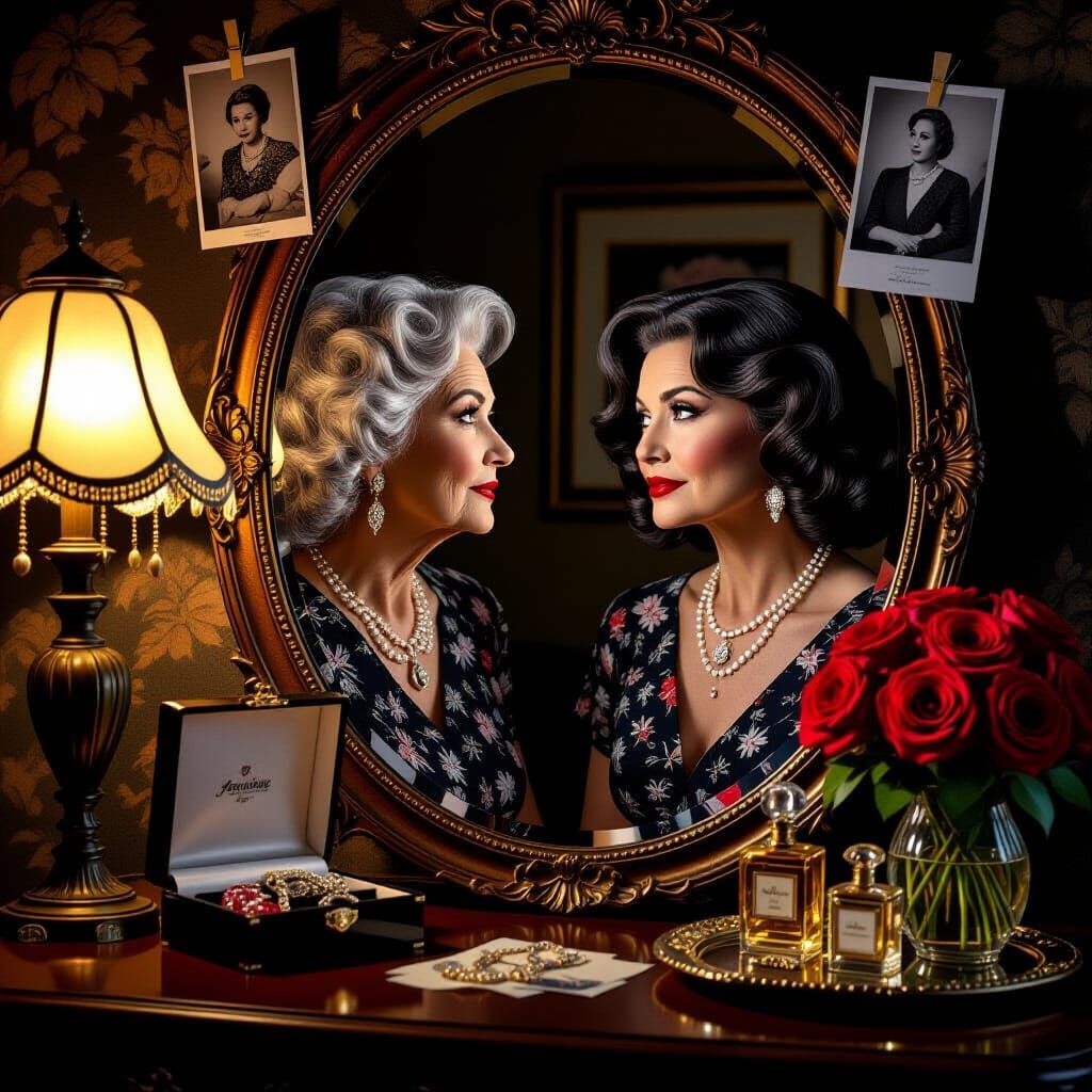 Youthful Reflection: Woman Gazes Into Mirror