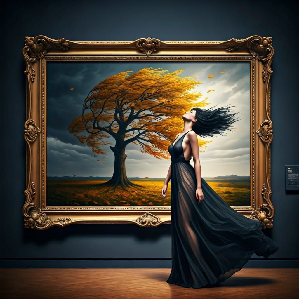 Surreal Woman in Museum Gallery with Storm Painting