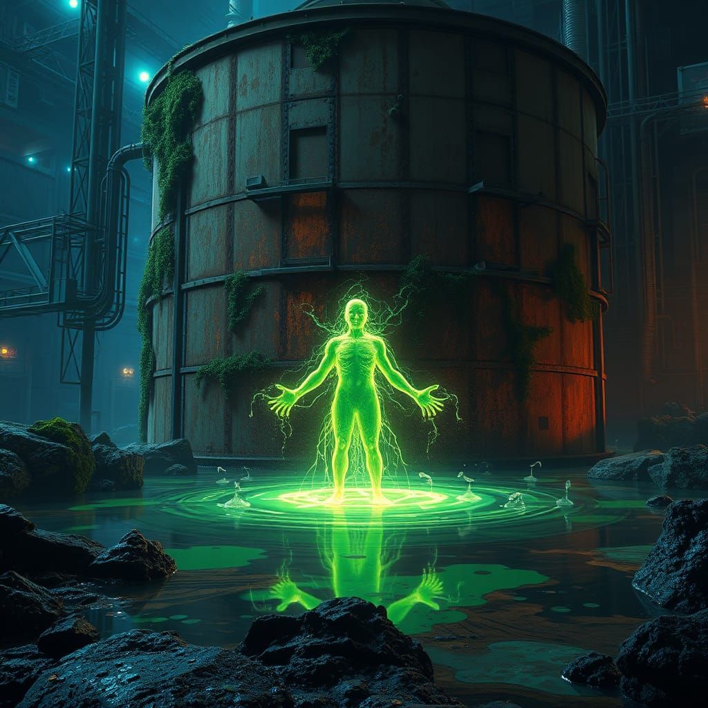 Ethereal Spirit Emerges from Toxic Waste in Cyberpunk Art