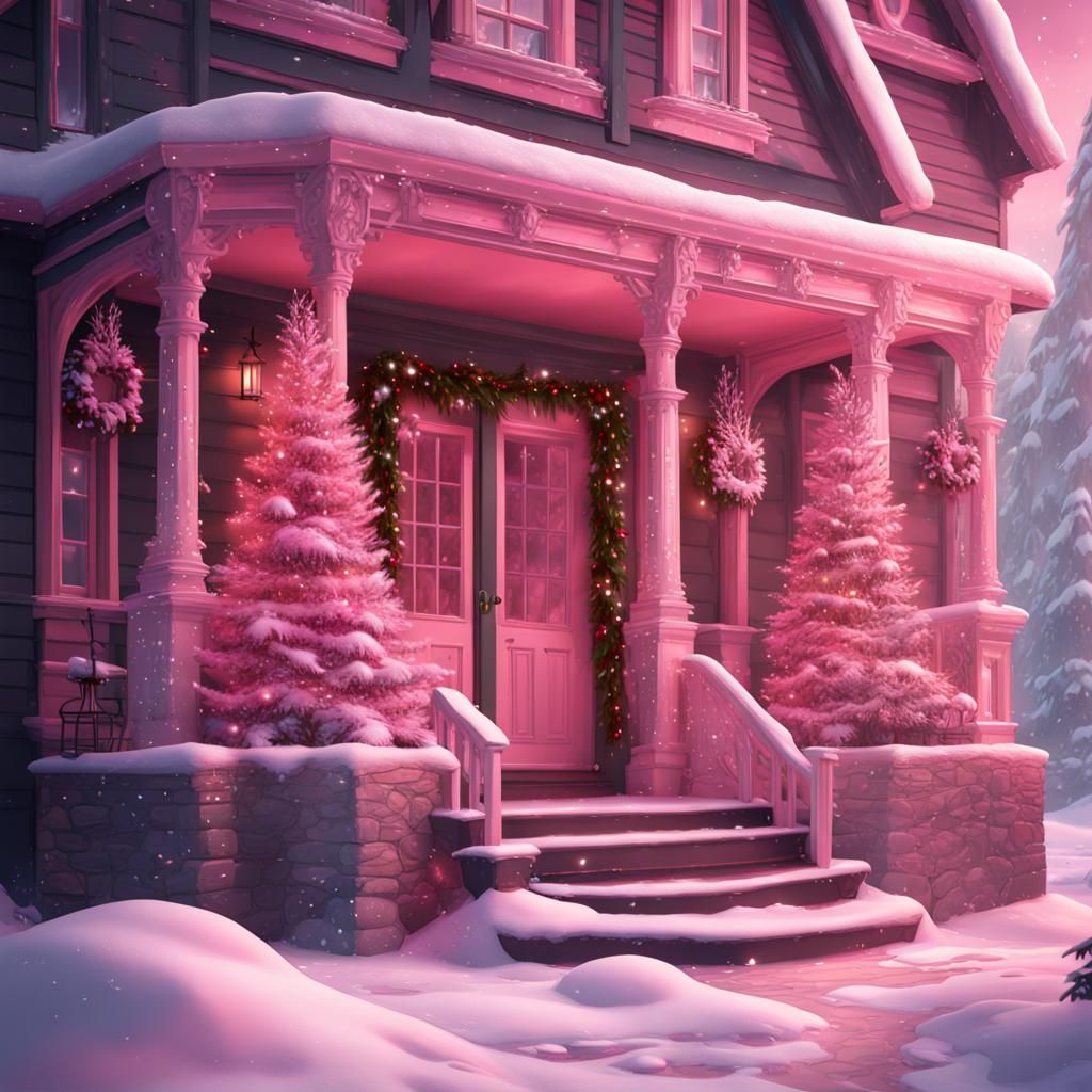 Pink Christmas Porch in Detailed Matte Painting Style