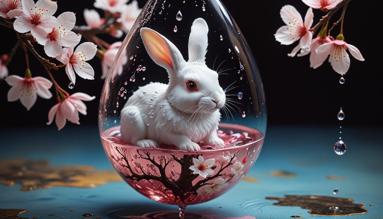 Rabbit Trapped in Water Droplet: Surreal 3D Render