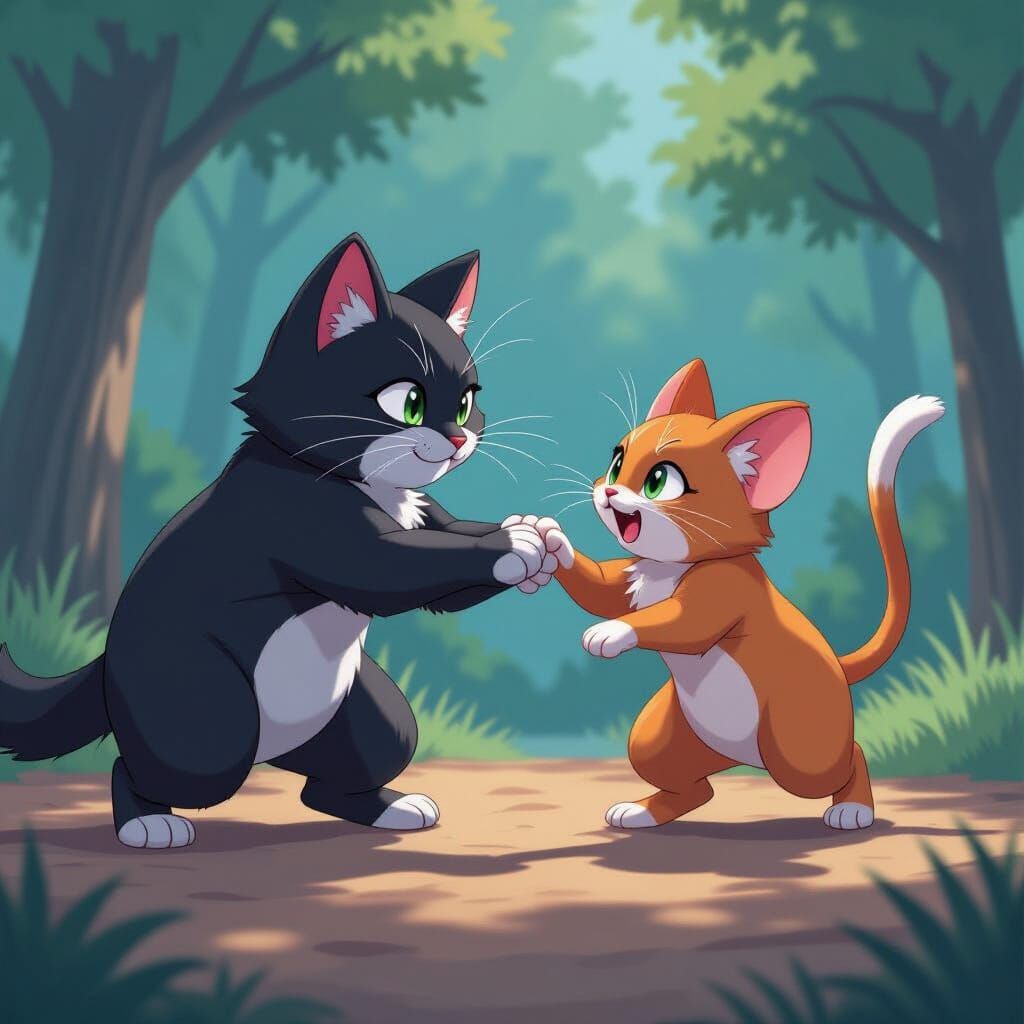 Warrior Cat and Mouse Battle in Cel-Shaded Anime Style