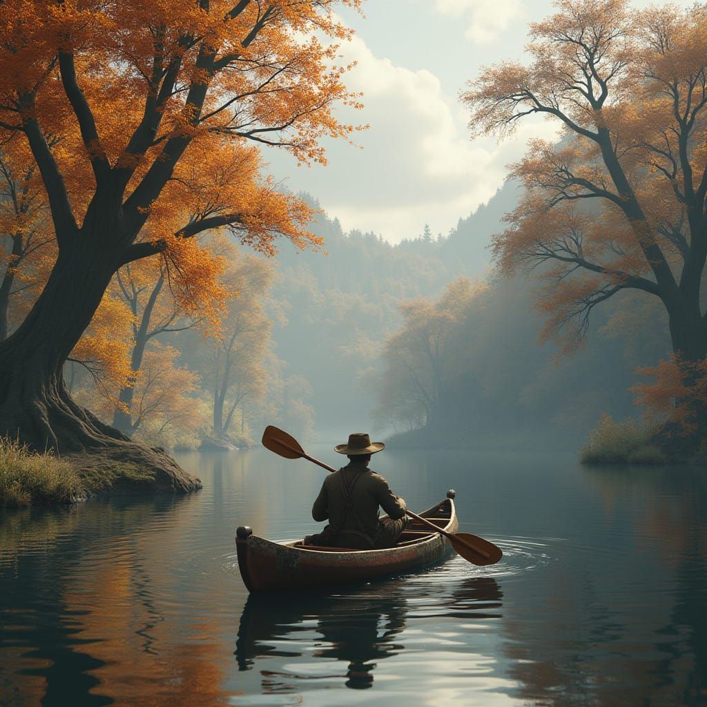 Mysterious Kayak Explorer in Fall Landscape