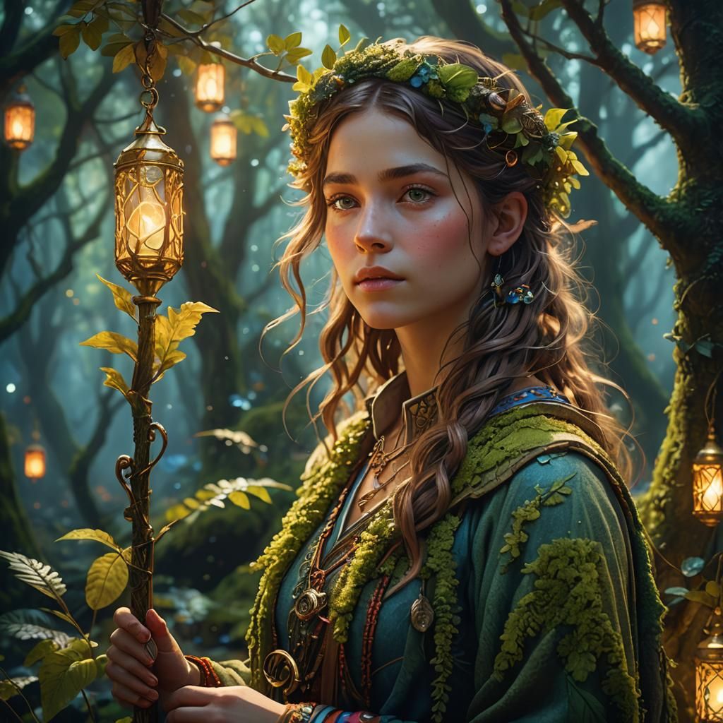 Ethereal Flute Girl in Mythological Art Nouveau Forest