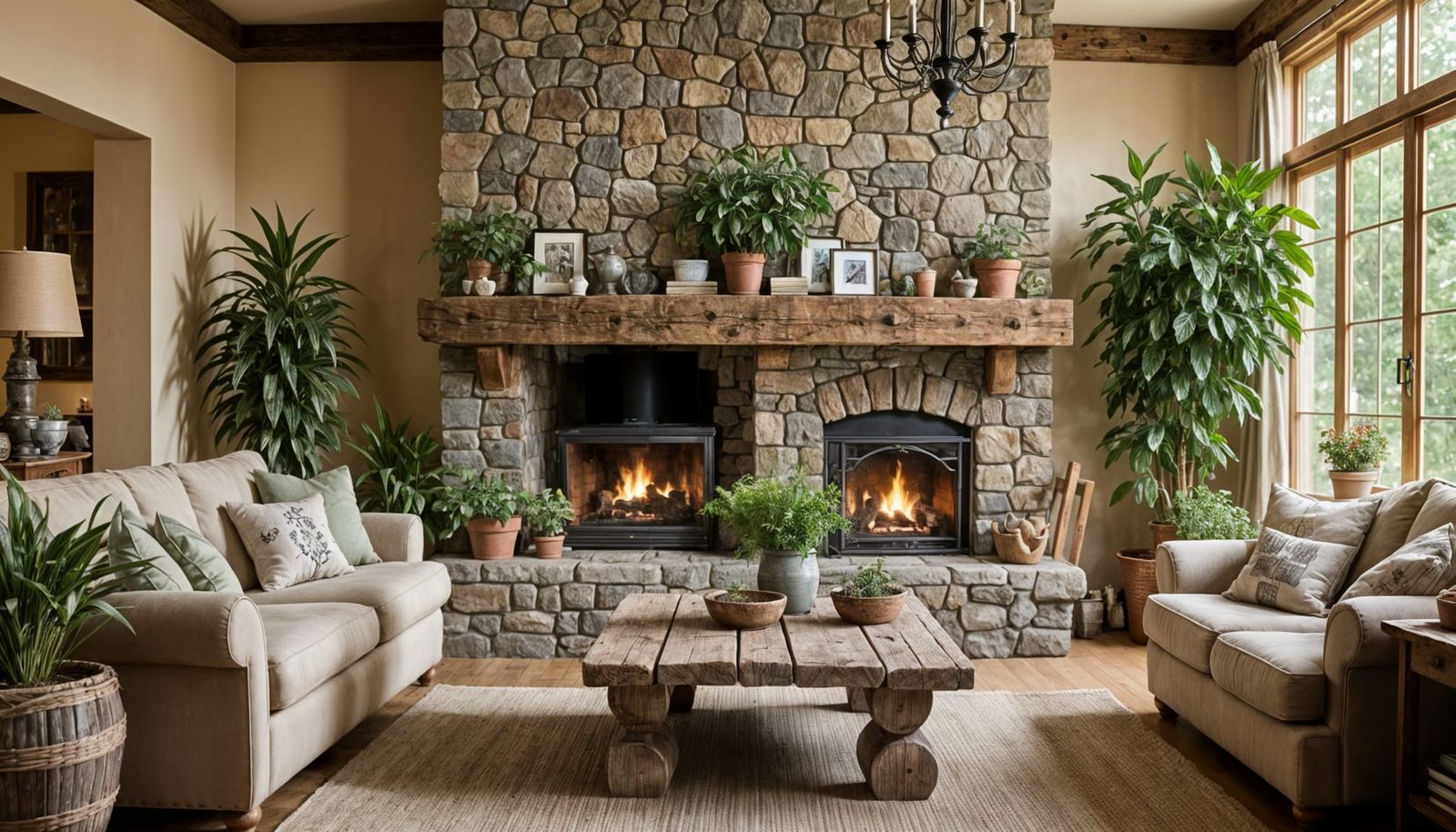 Cozy Rustic Living Room with Stone Fireplace
