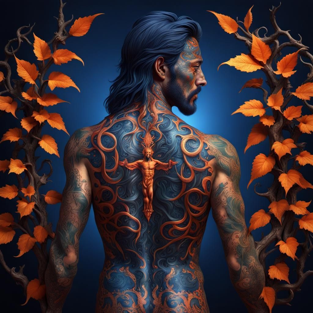 Devil with Christ Tattoo in Dark Indigo and Gold