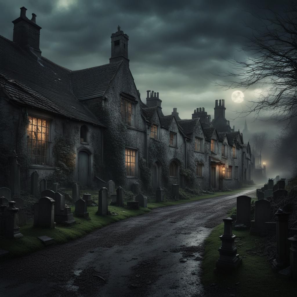 A dark, Creepy, abandoned, Haunted English countryside village and graveyard, that has zombies, witches, and ghosts roam...