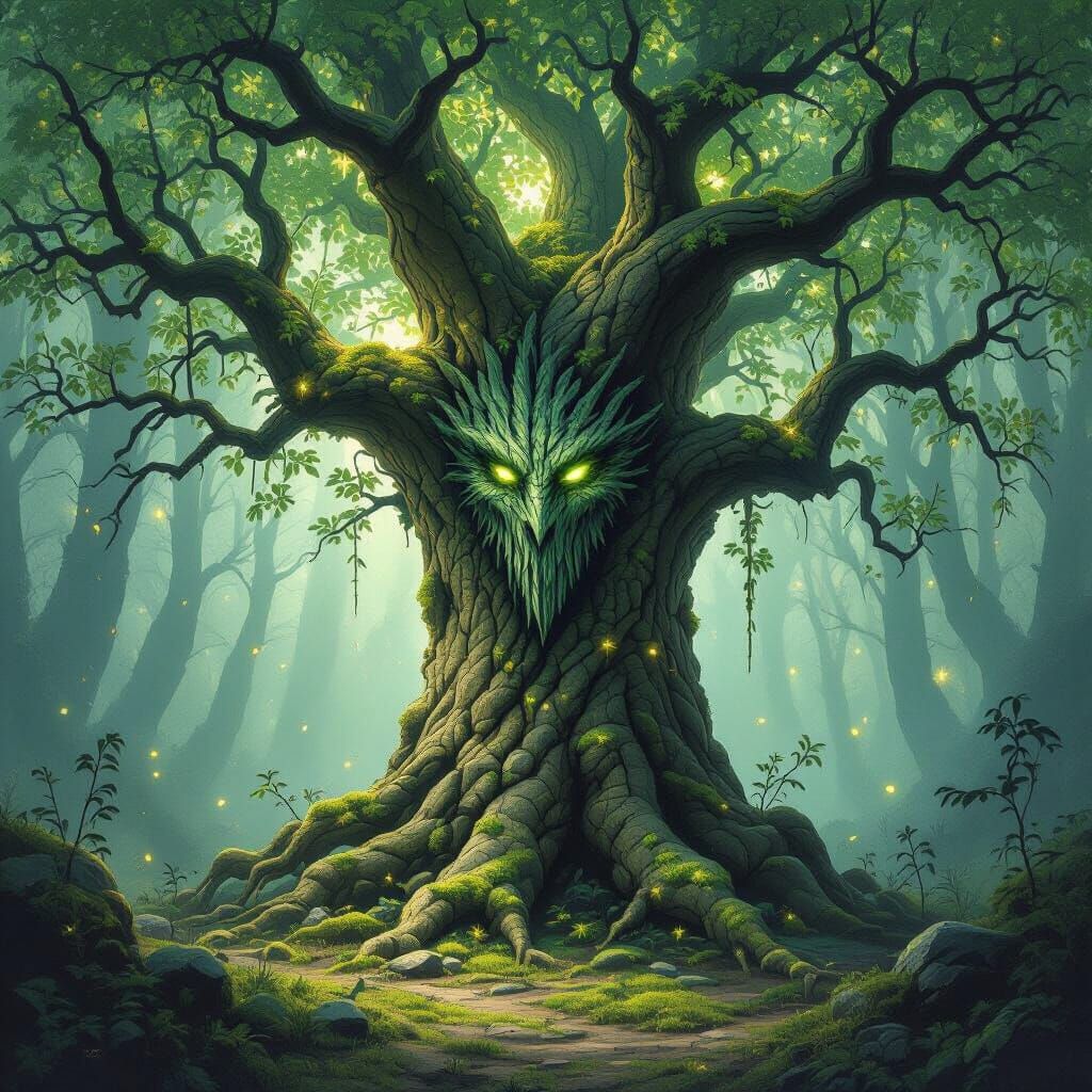 Majestic Tree Spirit in Forgotten Forest Clearing