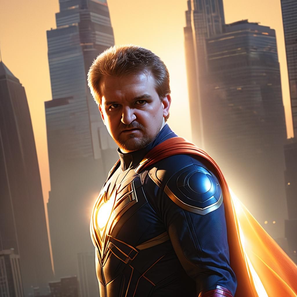 Superhero Triumphantly Surveys City at Sunset