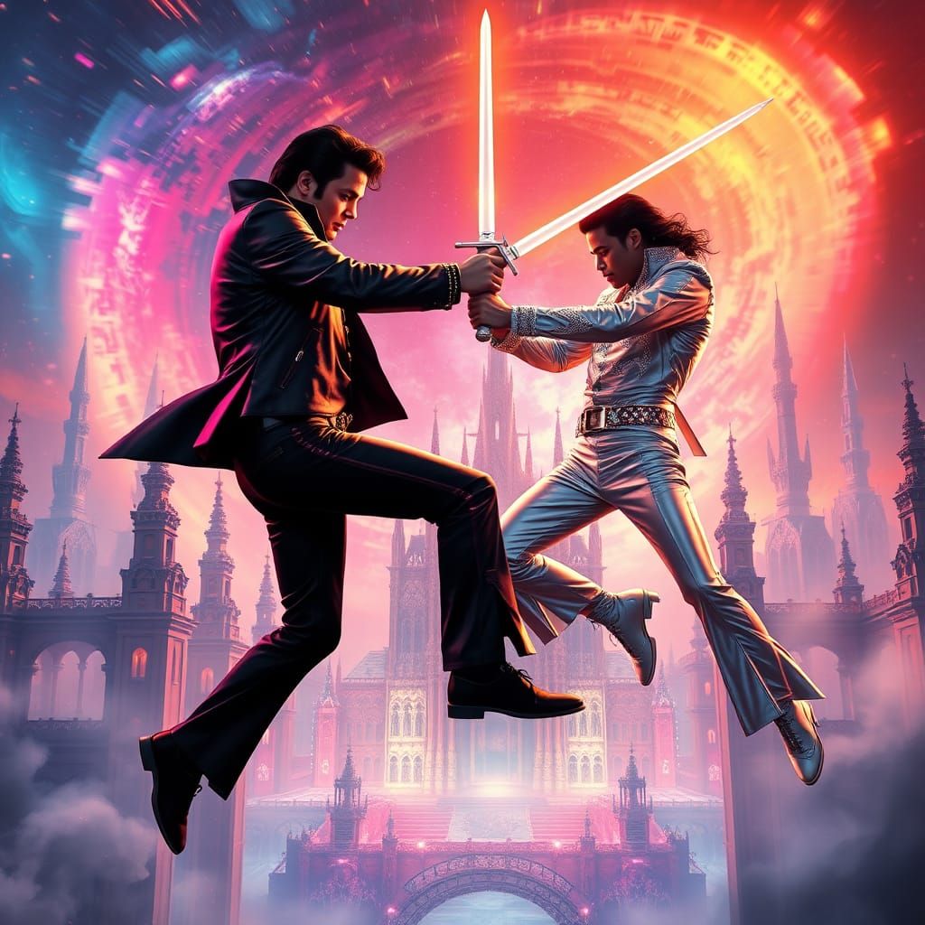 Elvis vs. Michael: Sword Fight in Dream Cityscape
