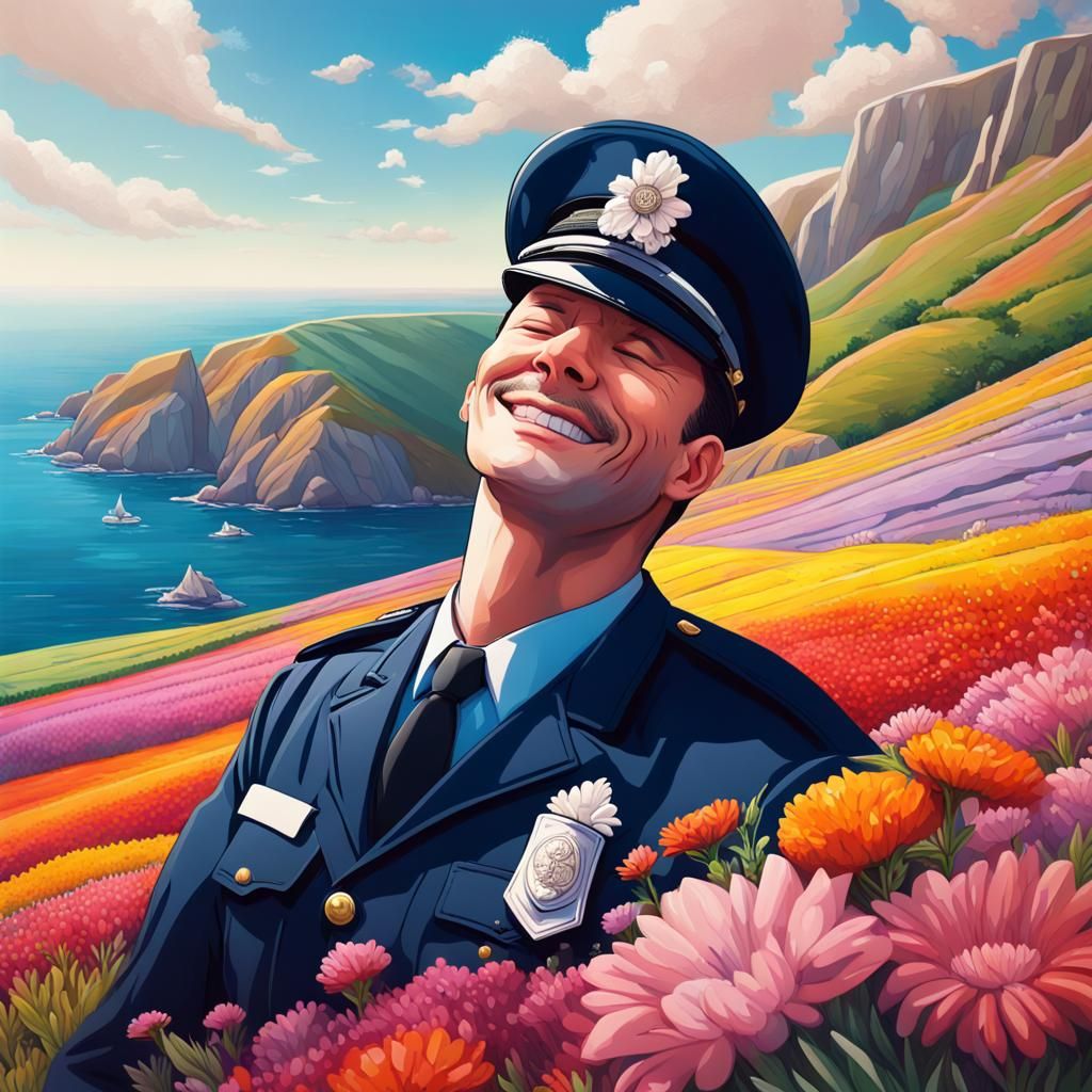 British Policeman Sniffing Flower in Colorful Field