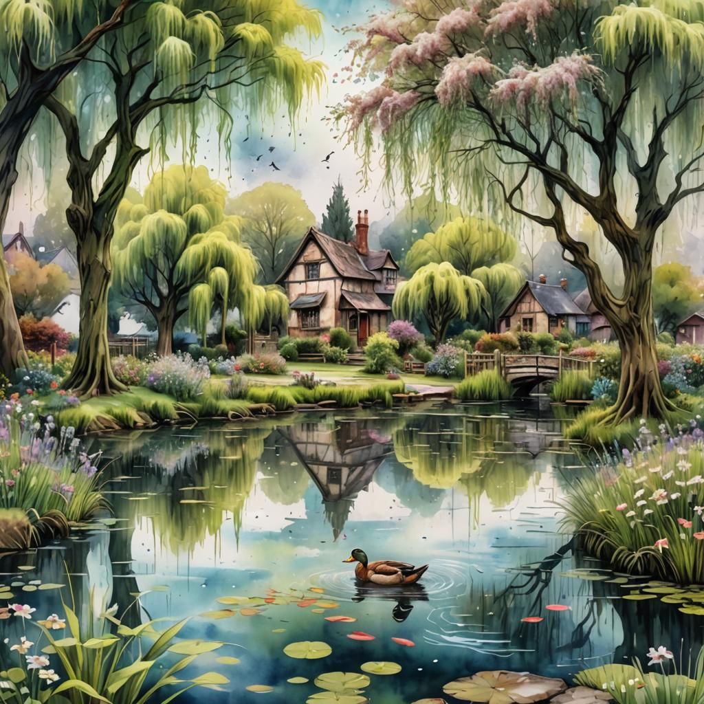 Idyllic Duck Pond Scene in Watercolor and Ink