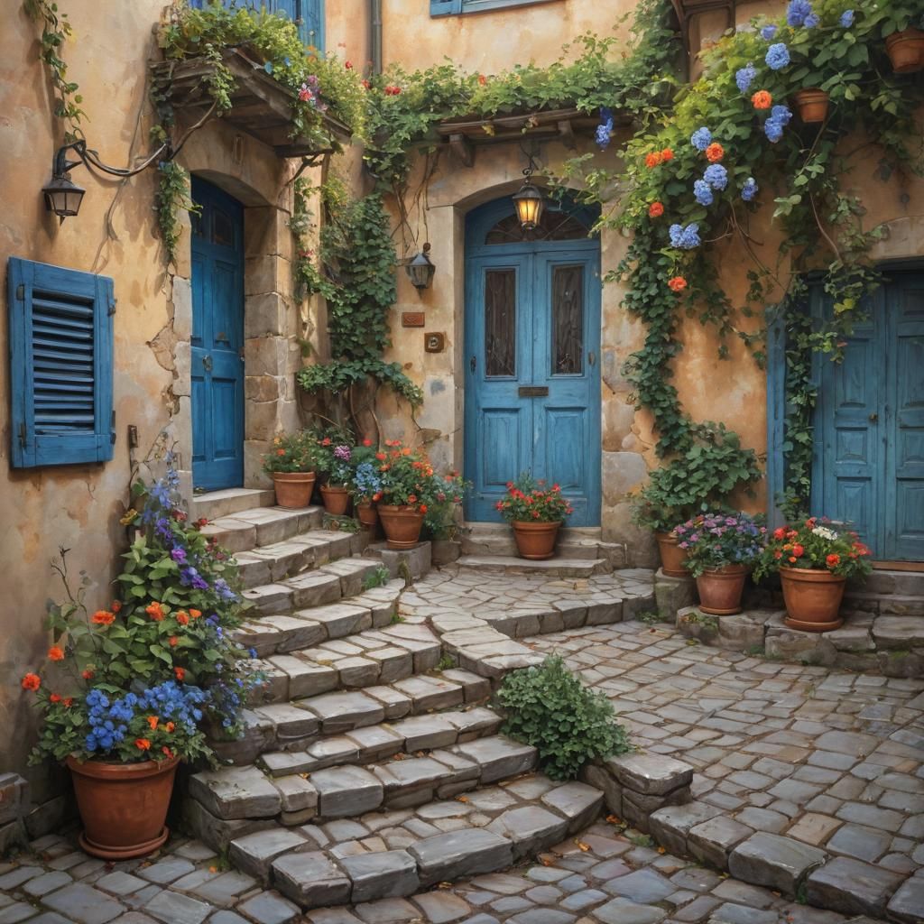 Italian Street with Blue Door, Impasto Painting
